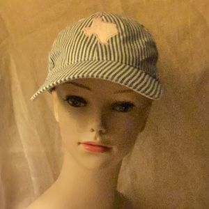 White with bluish gray pinstripes & pink patch of Texas baseball cap adjustable